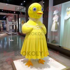Lemon Yellow Pigeon mascot costume character dressed with Ball Gown and Tie pins