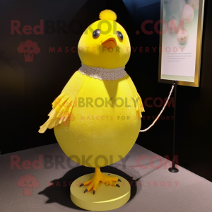 Lemon Yellow Pigeon mascot costume character dressed with Ball Gown and Tie pins