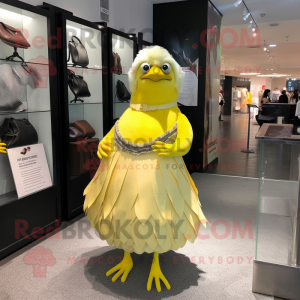 Lemon Yellow Pigeon mascot costume character dressed with Ball Gown and Tie pins