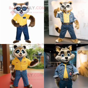 Gold Raccoon mascot costume character dressed with Denim Shirt and Ties