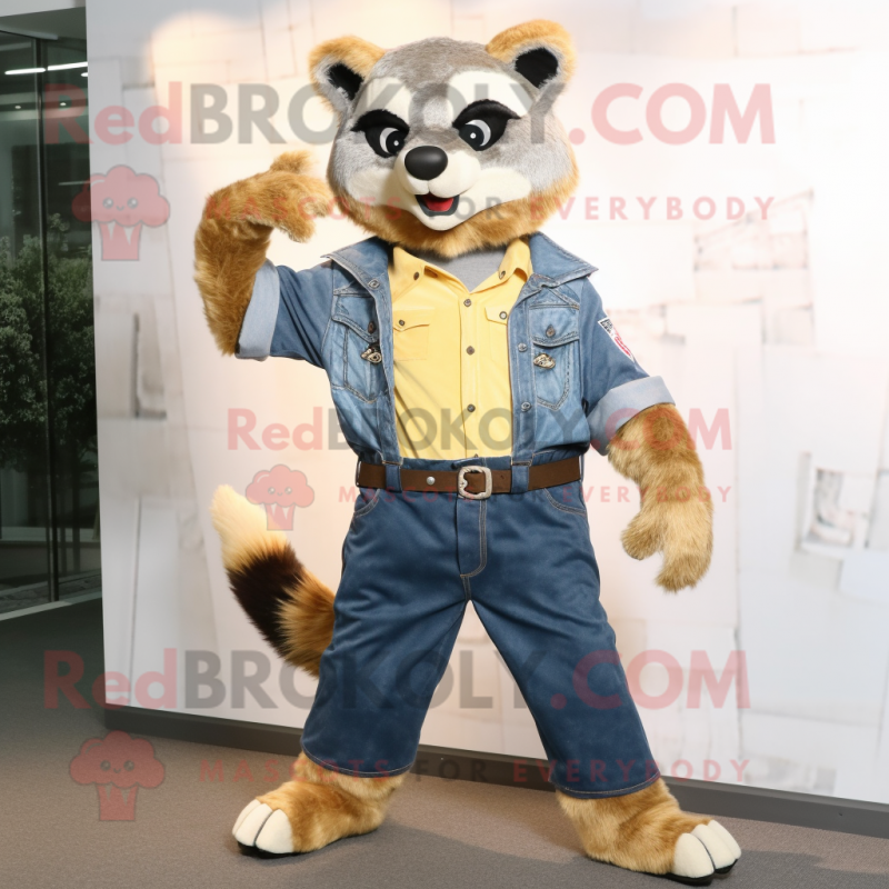 Gold Raccoon mascot costume character dressed with Denim Shirt and Ties