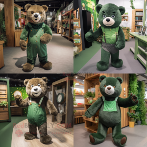 Forest Green Bear mascot costume character dressed with Dungarees and Shoe laces