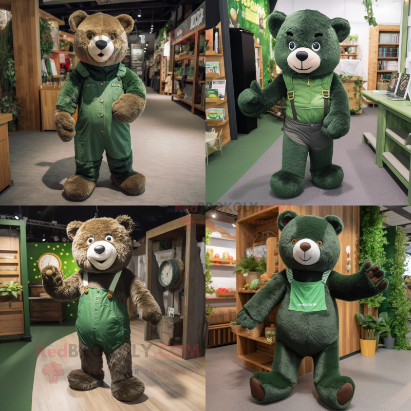 Forest Green Bear mascot costume character dressed with Dungarees and Shoe laces Forest Green Bear mascot costume character dressed with Dungarees and Shoe laces