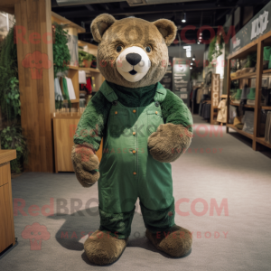 Forest Green Bear mascot costume character dressed with Dungarees and Shoe laces