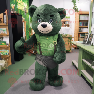 Forest Green Bear mascot costume character dressed with Dungarees and Shoe laces