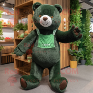 Forest Green Bear mascot costume character dressed with Dungarees and Shoe laces