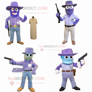 Lavender Sniper mascot costume character dressed with Jeans and Ties