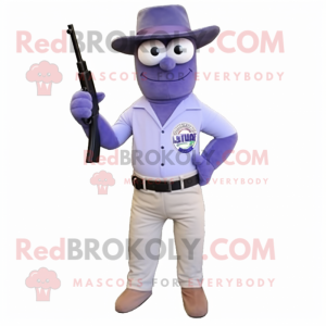 Lavender Sniper mascot costume character dressed with Jeans and Ties