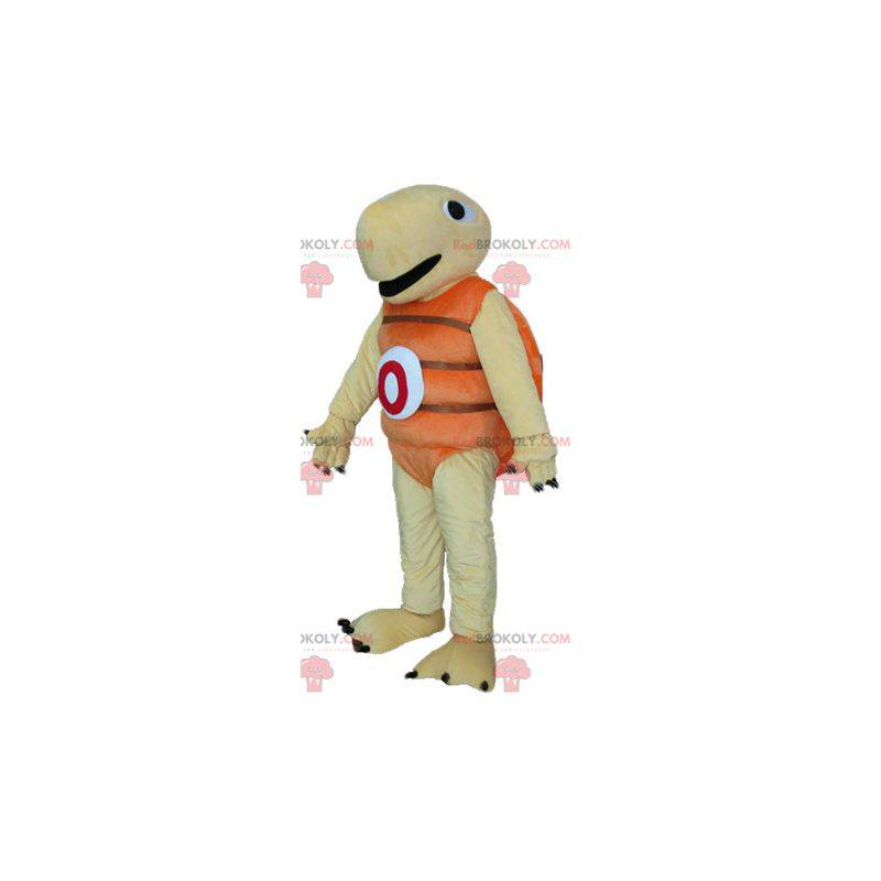 Very jovial and smiling beige and orange turtle mascot -