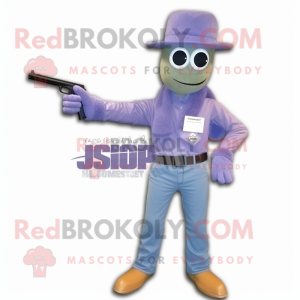 Lavender Sniper mascot costume character dressed with Jeans and Ties