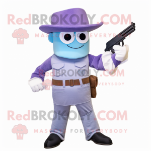 Lavender Sniper mascot costume character dressed with Jeans and Ties