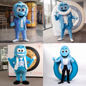 Sky Blue Bagels mascot costume character dressed with Suit Jacket and Rings