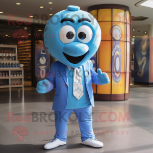 Sky Blue Bagels mascot costume character dressed with Suit Jacket and Rings