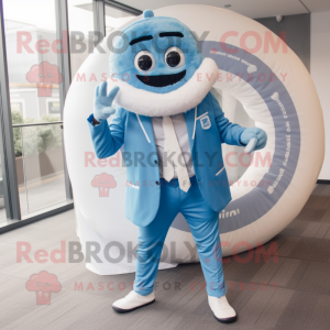 Sky Blue Bagels mascot costume character dressed with Suit Jacket and Rings