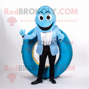 Sky Blue Bagels mascot costume character dressed with Suit Jacket and Rings