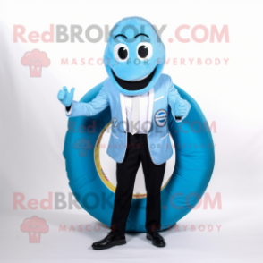 Sky Blue Bagels mascot costume character dressed with Suit Jacket and Rings