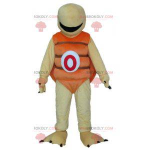 Very jovial and smiling beige and orange turtle mascot -