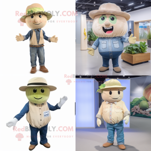 Beige Melon mascot costume character dressed with Denim Shirt and Caps