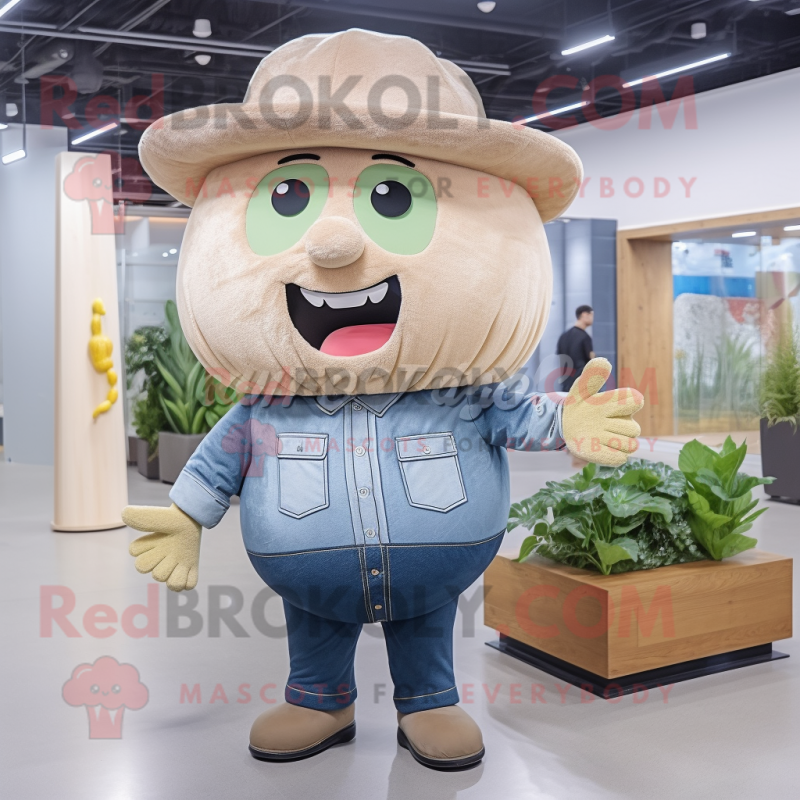 Beige Melon mascot costume character dressed with Denim Shirt and Caps