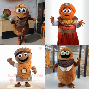 Rust Falafel mascot costume character dressed with Vest and Rings