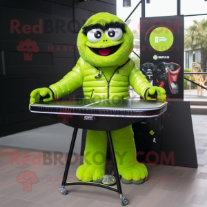 Lime Green Ping pong table mascot costume character dressed with Biker Jacket and Handbags