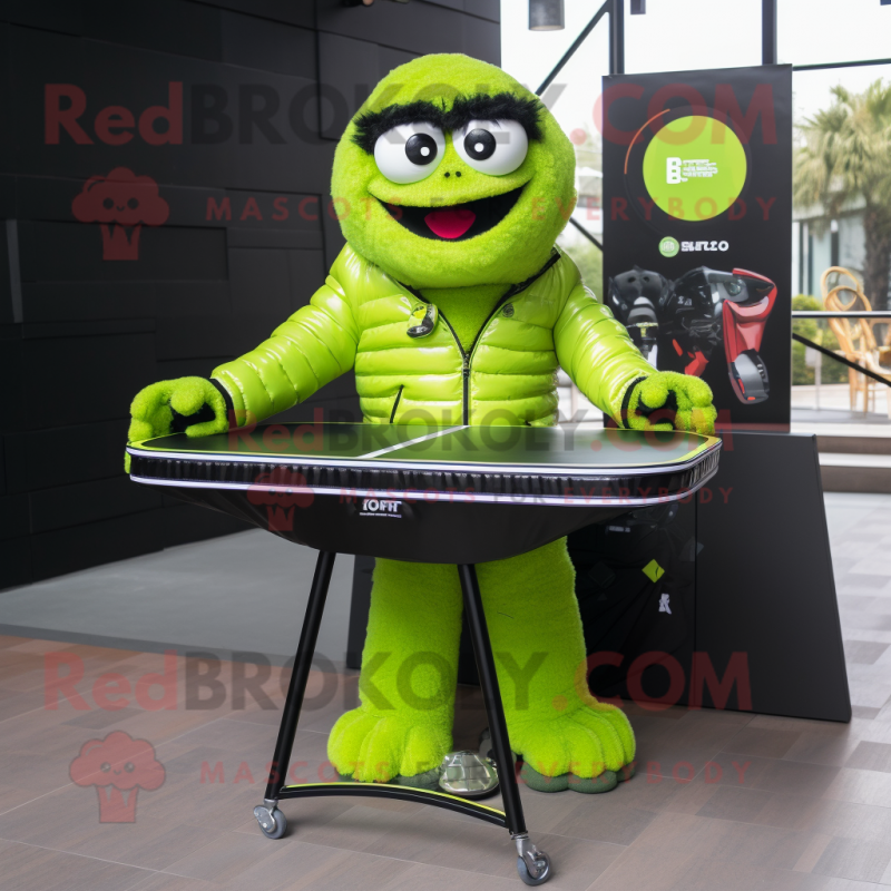 Lime Green Ping pong table mascot costume character dressed with Biker Jacket and Handbags