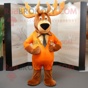 Orange Elk mascot costume character dressed with V-Neck Tee and Tie pins