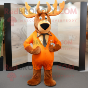 Orange Elk mascot costume character dressed with V-Neck Tee and Tie pins