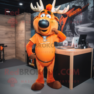 Orange Elk mascot costume character dressed with V-Neck Tee and Tie pins