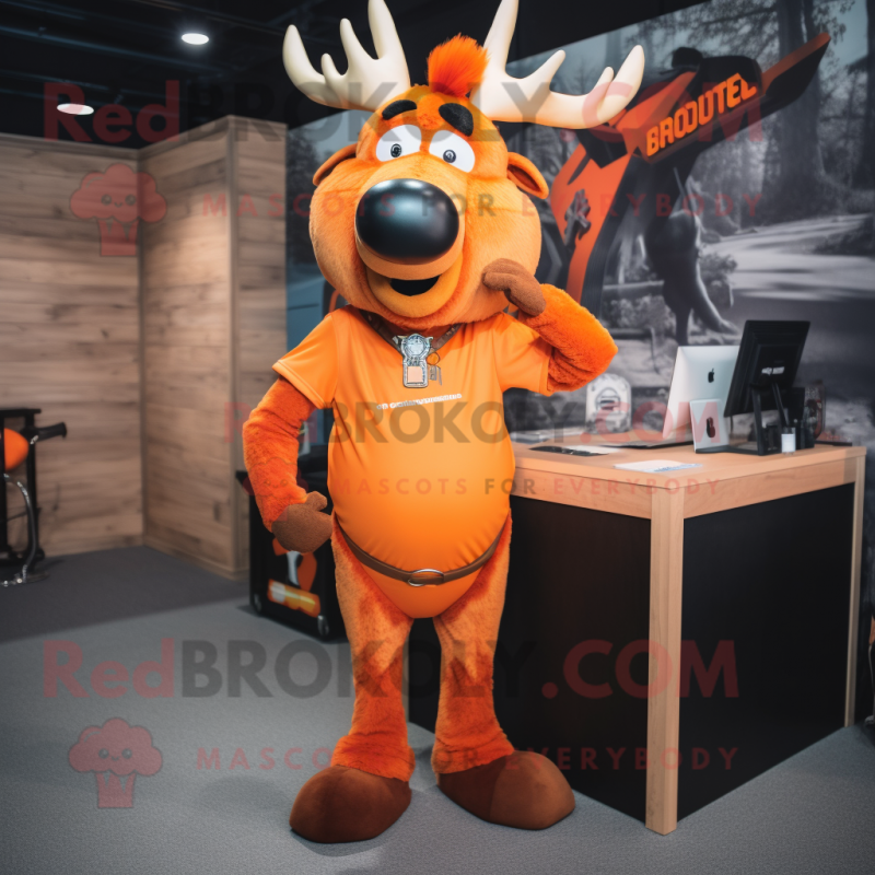 Orange Elk mascot costume character dressed with V-Neck Tee and Tie pins Orange Elk mascot costume character dressed with V-Neck Tee and Tie pins