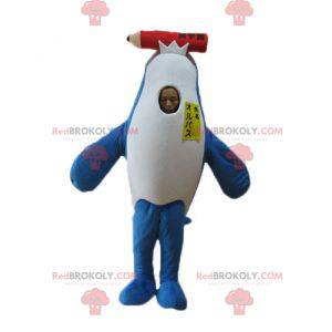 Blue and white dolphin killer whale mascot with a giant pencil