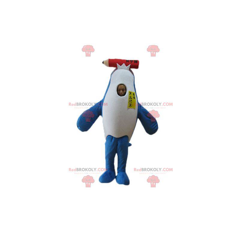 Blue and white dolphin killer whale mascot with a giant pencil