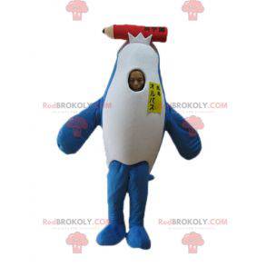 Blauw-witte dolfijn-orka-mascotte met een gigantisch potlood -