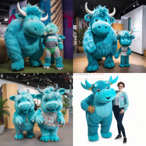 Turquoise woolly rhinoceros mascot costume character dressed with Boyfriend Jeans and Hair clips