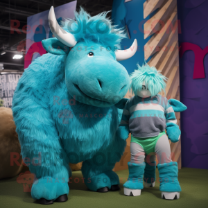 Turquoise woolly rhinoceros mascot costume character dressed with Boyfriend Jeans and Hair clips