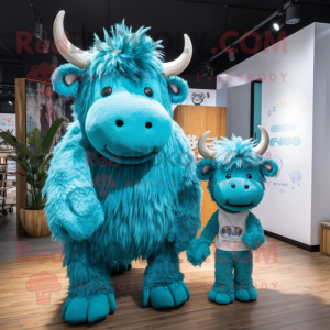 Turquoise woolly rhinoceros mascot costume character dressed with Boyfriend Jeans and Hair clips