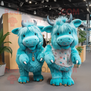 Turquoise woolly rhinoceros mascot costume character dressed with Boyfriend Jeans and Hair clips