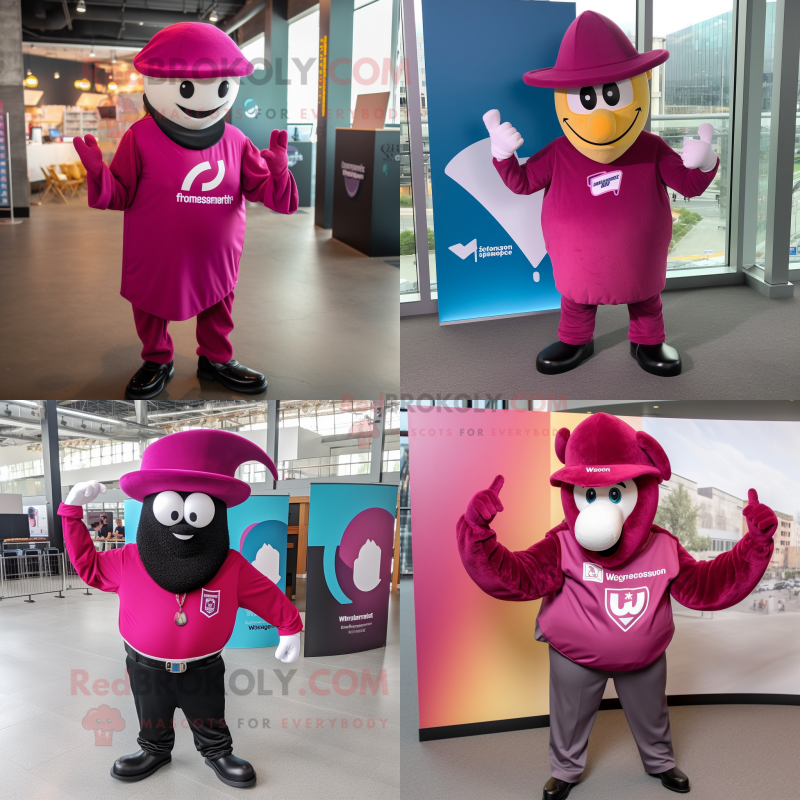 Magenta Horseshoe mascot costume character dressed with V-Neck Tee and Berets