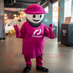 Magenta Horseshoe mascot costume character dressed with V-Neck Tee and Berets