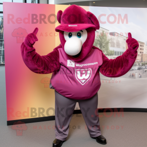 Magenta Horseshoe mascot costume character dressed with V-Neck Tee and Berets