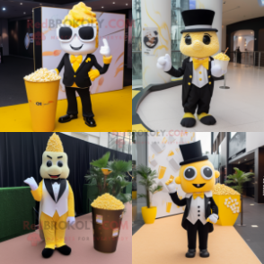 Yellow Pop corn mascot costume character dressed with Tuxedo and Brooches