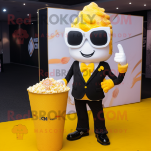 Yellow Pop corn mascot costume character dressed with Tuxedo and Brooches