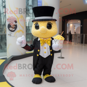 Yellow Pop corn mascot costume character dressed with Tuxedo and Brooches