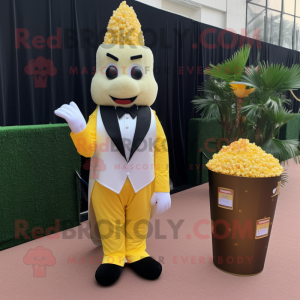 Yellow Pop corn mascot costume character dressed with Tuxedo and Brooches