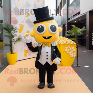 Yellow Pop corn mascot costume character dressed with Tuxedo and Brooches