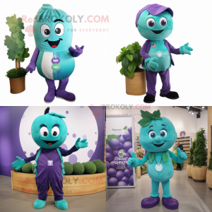 Teal Grape mascot costume character dressed with Tank Top and Shoe laces