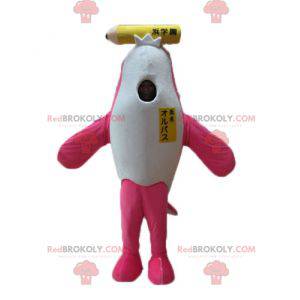 Pink and white dolphin killer whale mascot with a giant pencil