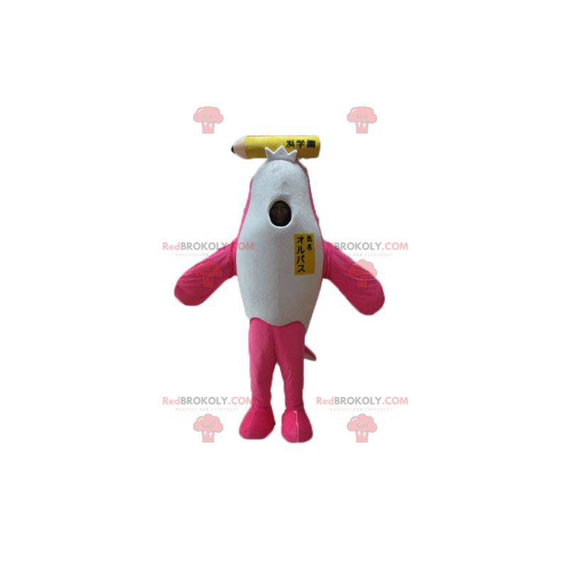 Mascotte d'orque de dauphin rose et blanc avec un crayon géant