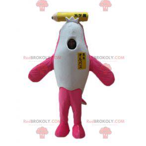 Pink and white dolphin killer whale mascot with a giant pencil