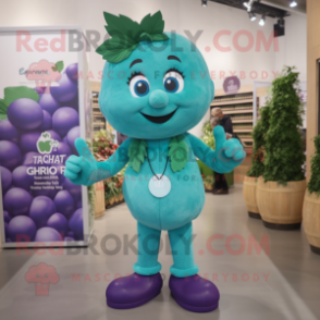 Teal Grape mascot costume character dressed with Tank Top and Shoe laces